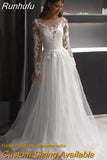 Tulle Scoop Wedding Dress Simple Long Sleeves A-Line Lace Appliques Illusion Back With Button Bridal Gown Custom Made