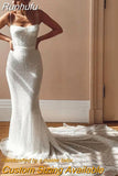 Mermaid Spaghetti Straps Sequins Wedding Dresses Open Back Beading Sweetheart Bride Gown Shiny Court Train Open Back