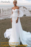 Sparkly Sequin A Line Beach Wedding Dress Puff Elegant Long Sleeves Sweetheart Tulle Backless Bride Dress Robe De Mariee