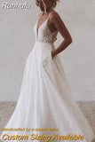 Tulle Wedding Dresse With Pocket Deep V-Neck Spaghetti Strap Bridal Gowns Beach Open Back Vestido de Novia Sweep Train