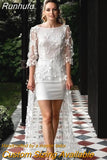 Short Wedding Dress With Train Lace Appliques Backless Floor Length Three Quarter Bridal Gown For Women vestidos de novia