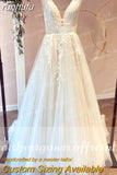 Champagne V Neck Lace Appliques Wedding Dress 2023 with Shiny Tulle Vestidos Garden A Line Backless Bridal Gowns