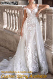 In 1 Mermaid Wedding Dress For Women Cap Sleeves Backless Lace Appliques Bridal Gowns With Detachable Train свадебное платье