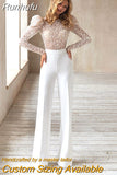 Elegant Wedding Jumpsuit Sparkle Luxury Long Sleeves 3D Flowers Beadings Open Back Pants Suits For Bride Vestido De Novia