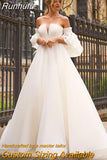 A Line Organza Wedding Dresses with Detachable Flare Sleeves Sexy Pleated A Line Floor Length Bridal Gowns