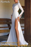 White 2023 Mermaid Wedding Dresses Long Sleeve Side Slit Bridal Gowns Boho Beach Backless Wedding Prom Gowns Robes De Mariée