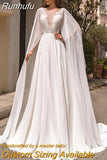 Elegant Detachable Cape Sleeves Appliques O-Neck Wedding Dress A-Line Backless Long Sweep Train Robe De Mariée Custom Made