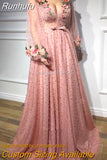 Full Beads Long Evening Dresses Lace Appliques 3D Flowers V-Neckline Full Sleeves Floor Length Evening Formal Party Gowns