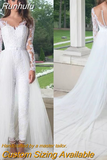 Sleeve Jumpsuit Wedding Dresses With Detachable Train 2023 Lace Appliques Tulle Pants Suit Bridal Gown Button Back Elegant