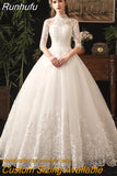 Embroidery Wedding Dress With Big Train 2023 High Neck Half Sleeve Wedding Gown Vintage Bridal Gown