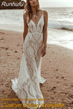 Bohemian Spaghetti Straps Sleeveless Beach Wedding Dress For Women 2023 V-Neck Pattern Sexy Beach Illusion Bridal Gown