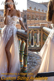 Lace Appliques Tulle Wedding Dress For Women 2023 Sexy Beach Off The Shoulder High Side Split A-Line Backless Bridal Gown