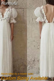 Short Wedding Dress Plunging V-Neck Half Sleeve Pearls Flowers Mini Bride Dress Sexy Open Back Illusion Formal Wedding Gown