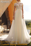 Boho Lace Tulle High Neck Wedding Dress 2023 Cap Sleeves A-Line Bohemian Bridal Gown Vintage Elegant Robe De Mariée