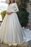 Muslim Long Sleeves Wedding Dresses Appliques Scoop Neck Buttons Back Court Train Formal Brides Gowns