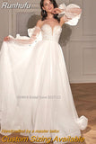 Sweetheart Beach A-Line Wedding Dresses Long Puff Sleeves Lace Appliques Bridal Gowns Vestido De Noiva