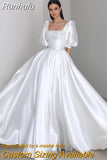 Boat Neckline Satin Wedding Dress Puff Sleeve Princess A-Line Bridal Gowns Robe de mariage