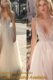 Wedding Dresses 2023 Sexy Side Split Beaded Deep V Neck Backless Bohemian Bridal Gowns Floor Length Vestido De Novia