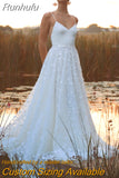 V-Neck Spaghetti Straps sleevess Wedding Dress For Bride 2023 Lace Aqqliques Open Back A-Line Tulle Simple Bridal Gown