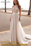 O-Neck Boho Lace Chiffon Sleeveless Beach Wedding Dress Backless Sweep Train Floor Length Bridal Gown