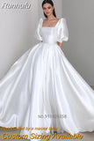 Boat Neckline Satin Wedding Dress Puff Sleeve Princess A-Line Bridal Gowns Robe de mariage