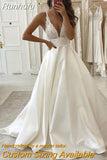 Deep V Neck Wedding Dress 2023 Boho Vestido De Noiva White Satin A Line Bridal Gowns Simple Appliques Back Less With Pocket