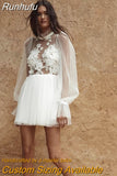 Wedding Dresses O-Neck Long Puff Sleeves Pearls Flowers Mini Bride Dresses Sexy Backless Illusion Formal Wedding Gowns