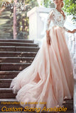 Sleeves Pink Wedding Dresses V Neck Lace Appliques Sweep Train A Line Open Back Bridal Gowns Married Vestidos de Noivas