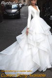 White V-Neck Ball Gown Long Sleeves Satin Wedding Dress For Women 2023 Vintage Illusion Back With Button Custom Made