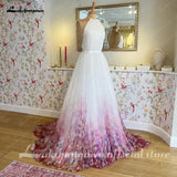Halter Neck Chiffon A Line Floral Print Wedding Dress 2023 Pleats Garden Wedding Gowns for Bridal Robe De Mariée