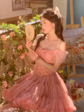 Cute Ball Gown Off The Shoulder Pink Lace Short Homecoming Dress Summer Pink Hoco Dresses Cocktail Dress For Senior Teens HZ1214
