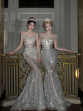 Sexy Wedding Dress Mermaid Sequin Beads Long Silver Wedding Dresses Bride Dress Bridal Gowns HZ1214