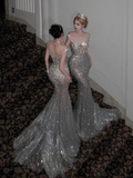 Sexy Wedding Dress Mermaid Sequin Beads Long Silver Wedding Dresses Bride Dress Bridal Gowns HZ1214