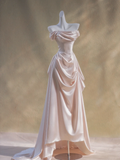 Simple A line Off The Shoulder Light Pink Satin Prom Dresses Formal Summer Wedding Guest Dresses Wedding Guest Outfits HZ1214