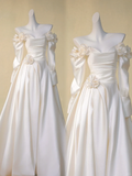 Romantic Bridal Gown Ball Gown Off The Shoulder Long Sleeves Satin Wedding Dresses Minimalist Bridal Gowns HZ1214