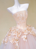 Pretty Wedding Dress Ball Gown Strapless Pink Tulle Floral Long Wedding Dresses Bridal Gowns HZ1214