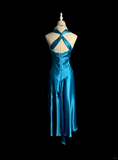 Vintage A line Straps Blue Satin Prom Dress Party Dress Graduation Dresses HZ1214