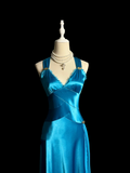 Vintage A line Straps Blue Satin Prom Dress Party Dress Graduation Dresses HZ1214