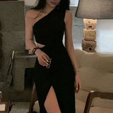 Pretty Mermaid One Shoulder Black Slit Party Dresses Formal Summer Wedding Guest Dresses Wedding Guest Outfits HZ1214