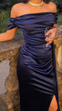 Pretty Mermaid Off The Shoulder Navy Blue Split Evening Dresses Formal Summer Wedding Guest Dresses Wedding Guest Outfits HZ1214