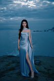 Gorgeous Sheath Strapless Blue Slit Satin Prom Dresses Formal Summer Wedding Guest Dresses Wedding Guest Outfits HZ1214