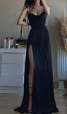 Gorgeous A line Spaghetti Straps Slit Black Evening Dress Prom Dresses Formal Summer Wedding Guest Dresses Wedding Guest Outfits HZ1214
