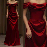 Elegant Mermaid Off The Shoulder Burgundy Satin Prom Dresses Formal Summer Wedding Guest Dresses Wedding Guest Outfits HZ1214