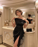 Gorgeous Sheath Off The Shoulder Black Satin Prom Dresses Formal Summer Wedding Guest Dresses Wedding Guest Outfits HZ1214
