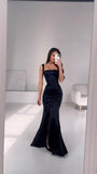 Simple Mermaid Square Neck Sleeveless Black Satin Prom Dresses Formal Summer Wedding Guest Dresses Wedding Guest Outfits HZ1214