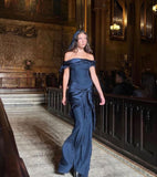 Sexy Sheath Off The Shoulder Navy Blue Satin Prom Dresses Formal Summer Wedding Guest Dresses Wedding Guest Outfits HZ1214
