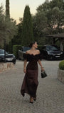 Sexy Sheath Off The Shoulder Brown Satin Prom Dresses Formal Summer Wedding Guest Dresses Wedding Guest Outfit HZ1214