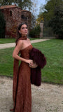 Pretty A line Strapless Brown Lace Night Dinner Evening Dresses Formal Summer Wedding Guest Dresses Wedding Guest Outfits HZ1214