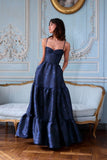 Sexy Ball Gown Spaghetti Straps Navy Blue Satin Prom Dresses Formal Summer Wedding Guest Dress Wedding Guest Outfits HZ1214
