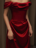 Elegant Mermaid Off The Shoulder Burgundy Satin Prom Dresses Formal Summer Wedding Guest Dresses Wedding Guest Outfits HZ1214